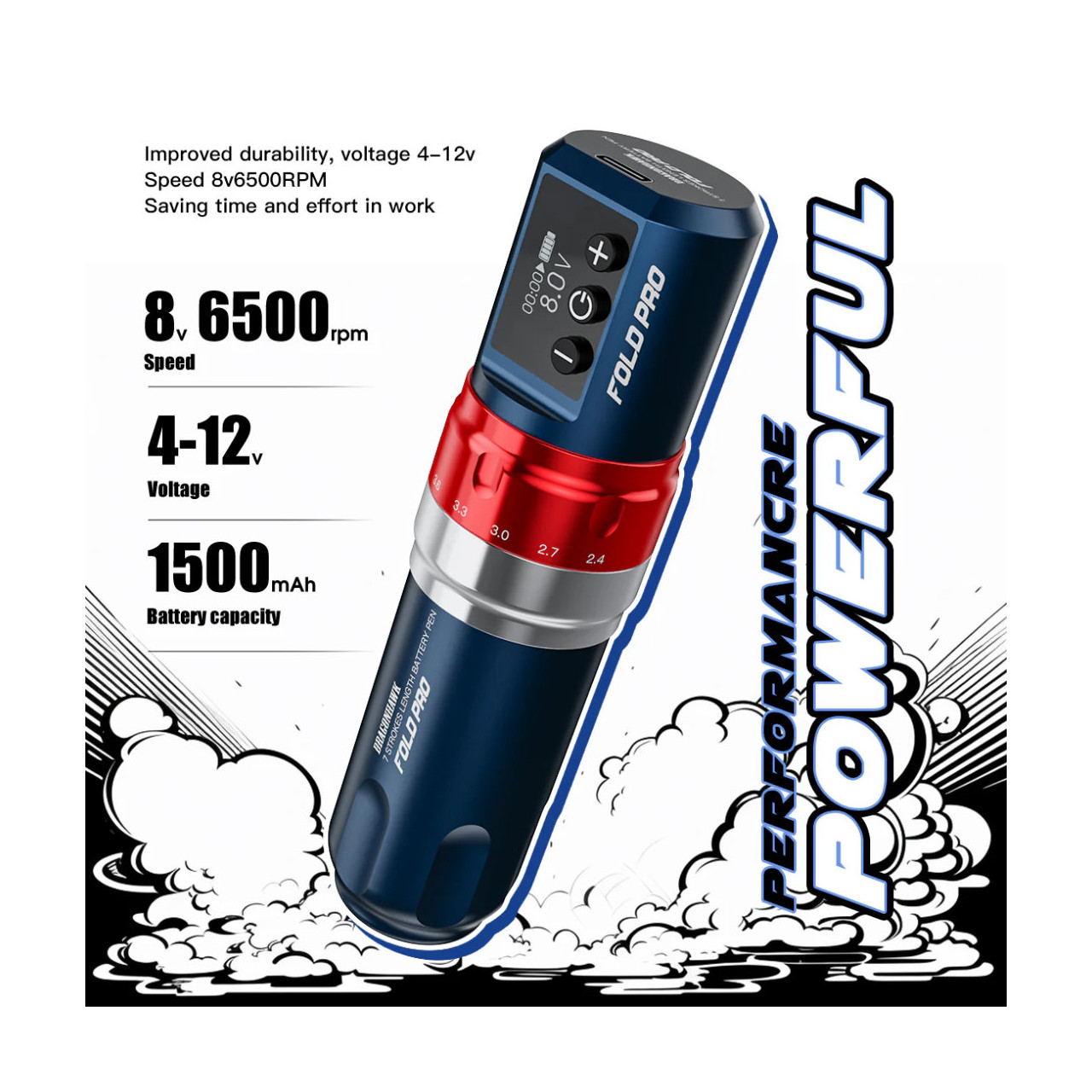 Dragonhawk Fold Pro Blue z podwójną baterią - maszynka do tatuowania